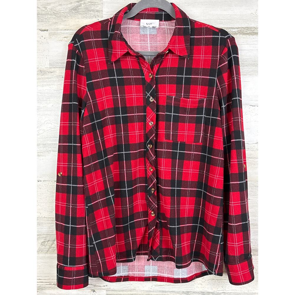 Fyve Womens M Red Black Lightweight Plaid Button-Up Soft Casual Shirt NEW